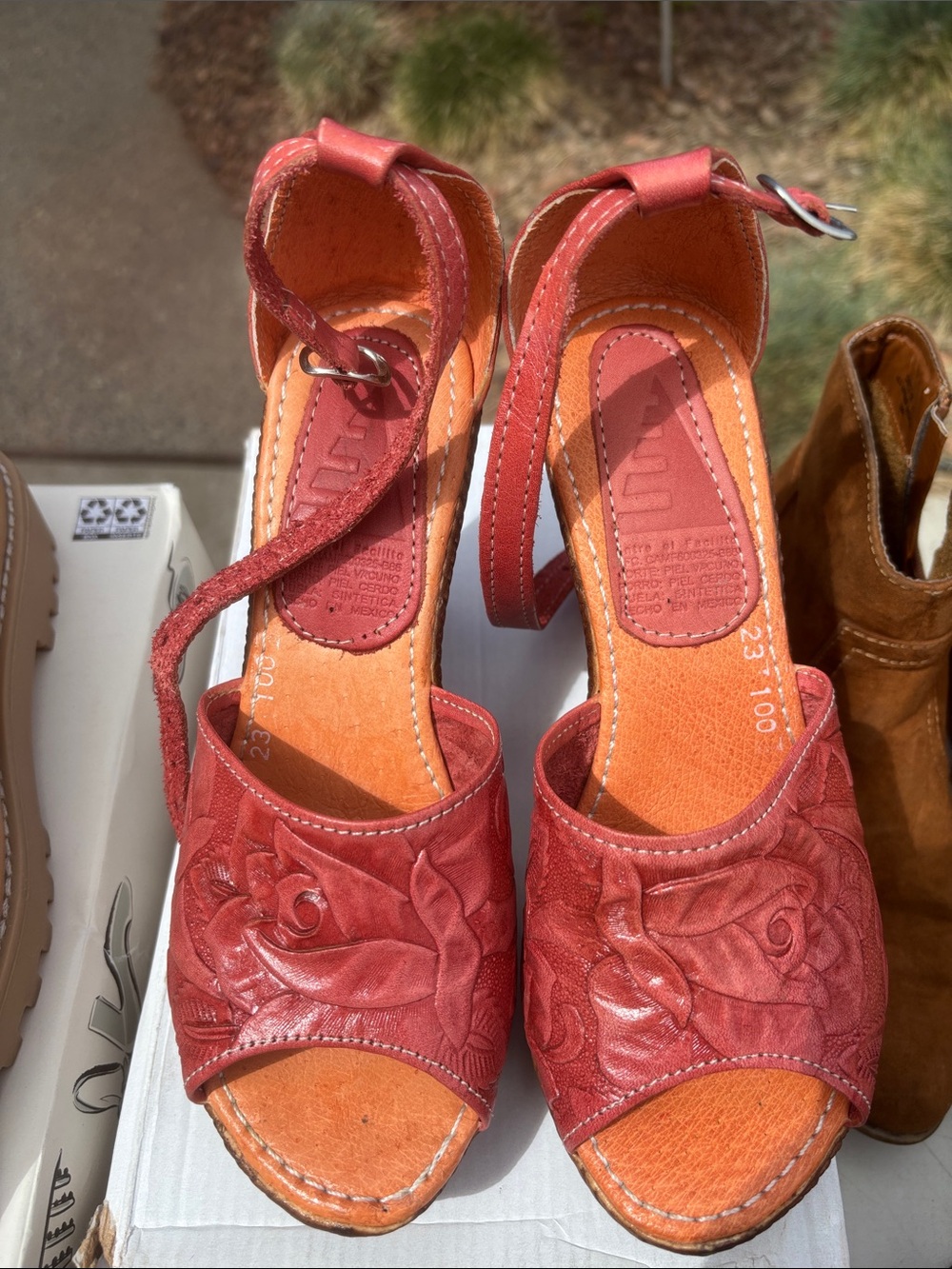 Mexx Red Leather Floral Open-Toe Ankle-Strap Sandals